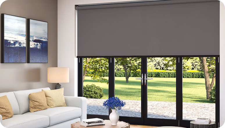 Grey motorized blinds Dubai patio doors