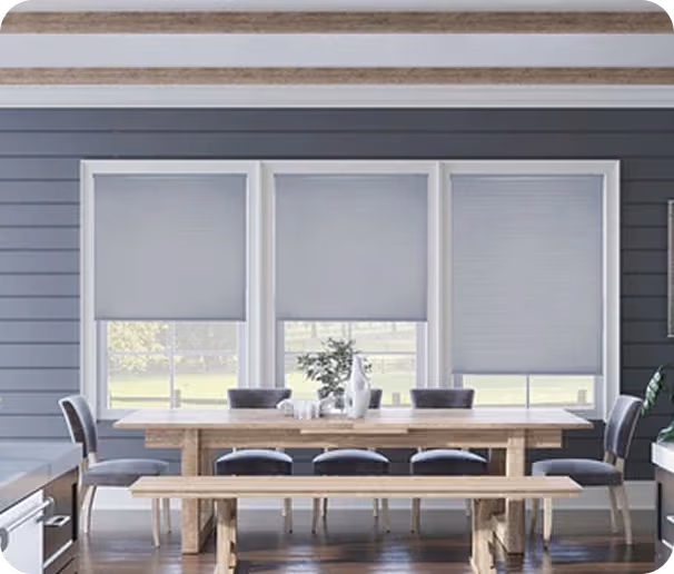 light Grey motorized blinds in dining room