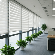 white zebra electric blinds in office space
